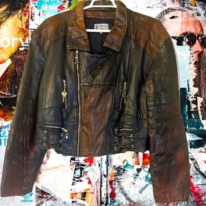 Vintage two tone leather lace up Moto motorcycle biker jacket